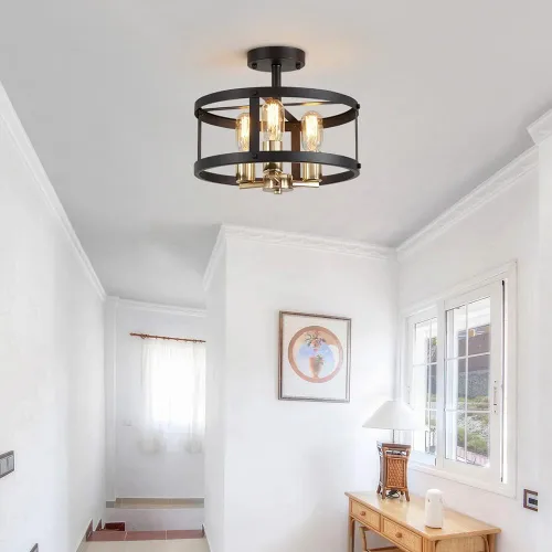 Miniatura 6 de AGV LIGHTING Lámpara de techo semiempotrada de granja, 3 luces cerca del techo, acabado dorado brillante y negro mate