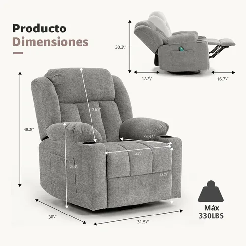 Miniatura 2 de Ketaiyou - Silla reclinable giratoria para adultos, sillón deslizante manual grande y acolchado con masaje y calor, cómodo sofá reclinable de tela