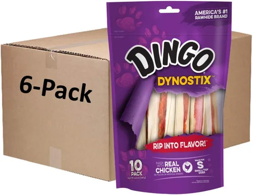 Dingo DynoStix - 10 palitos de cuero crudo para perros pequeños, hechos con pollo real, paquete de 6
