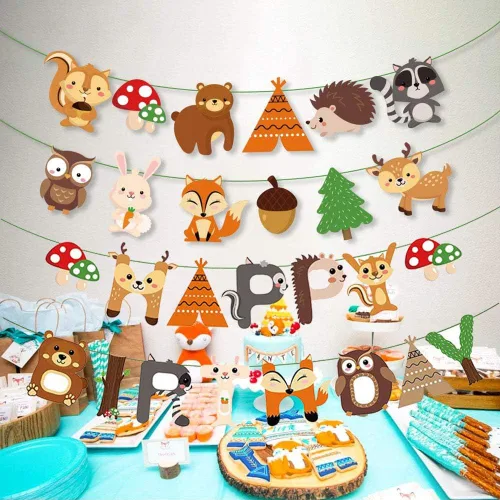 Miniatura 2 de Decoraciones de fiesta de bosque, pancarta de feliz cumpleaños con guirnalda de banderines de animales del bosque para niños y niñas, suministros