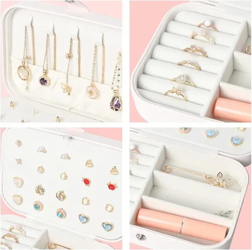 Miniatura 4 de Joyero para Viaje, Cajas Organizadoras de Joyería Pequeñas para Mujeres y Niñas, Estuche de Joyería de Viaje de 2 Capas, Estuche de Almacenamiento
