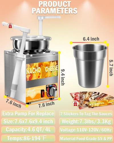 Miniatura 6 de Dispensador de queso Nacho, dispensador de queso nacho de 4.6 cuartos de galón con bomba, calentador de queso de dulce de azúcar caliente de acero