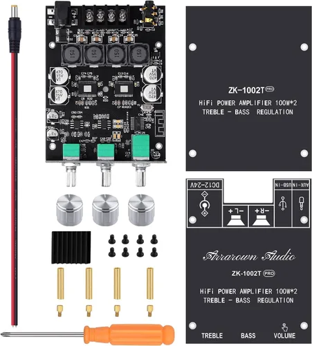 Miniatura 7 de ZK-1002T PRO 2.0 Canal Bluetooth 5.0 Tarjeta Amplificadora 200W HiFi Subwoofer Audio AMP con Agudos y Bajos, Entradas BT USB y AUX, Módulo AMP