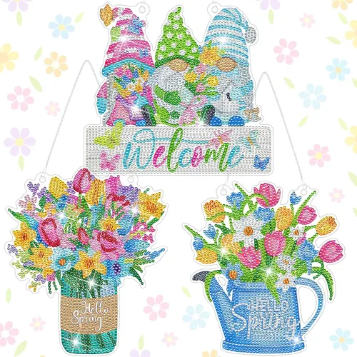 Threehoney Kit de 3 piezas de corona de pintura de diamantes de primavera, tulipán, flor, gnomo, arte de diamante, corona colgante, adornos de