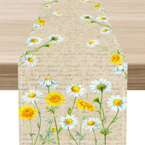 Camino de mesa de primavera con margaritas, rústico, de temporada, con margaritas, acuarela, letras vintage, cocina, comedor, cocina, sala de estar,