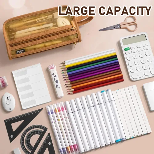 Miniatura 6 de Four Candies - Estuche de malla con asa y cremallera, de doble capa para lápices, maquillaje de viaje, bonita bolsa organizadora de papelería, Marrón