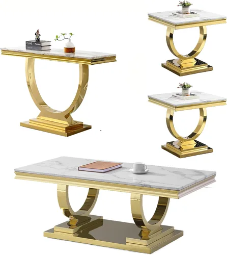 Miniatura 19 de Juego de 2 mesas de café de mármol, juego de mesa de sala de estar de 2 piezas que incluye 1 mesa auxiliar y 1 mesa auxiliar, moderna mesa auxiliar
