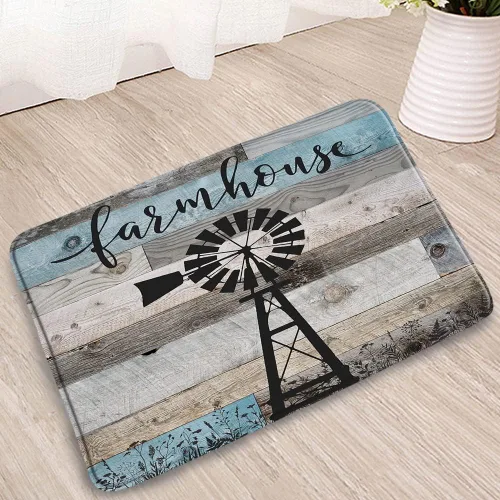 Tapete de baño de molino de viento de granja, color verde azulado, gris, vintage, rústico, molino de viento, puerta de granero retro, alfombra