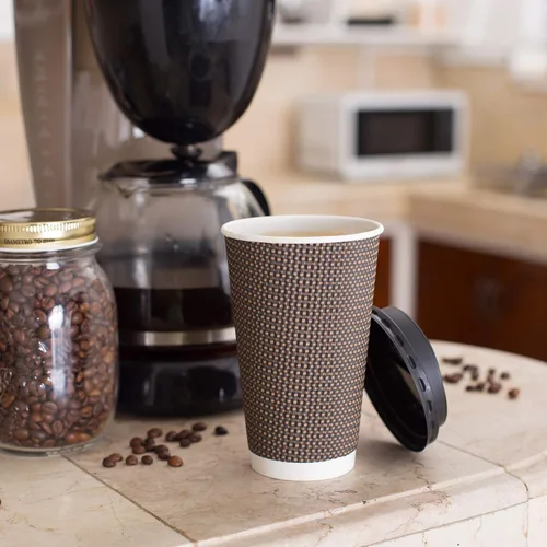 Miniatura 4 de Promora Tazas de café desechables marrones con tapas de 16 onzas, tazas de papel onduladas de papel aislado premium para café caliente