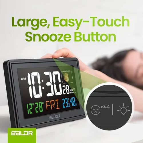 Miniatura 3 de BALDR Relojes Atómicos para Dormitorios Pantalla Digital Grande - Negro - Reloj de Escritorio con Temperatura Interior y Humedad, Reloj de Mesa