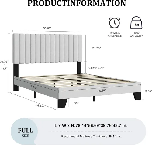 Miniatura 2 de IOILORI Base de cama tamaño completo, cama de plataforma tapizada en tela con cabecera ajustable, marco resistente y listones de madera, silenciosa