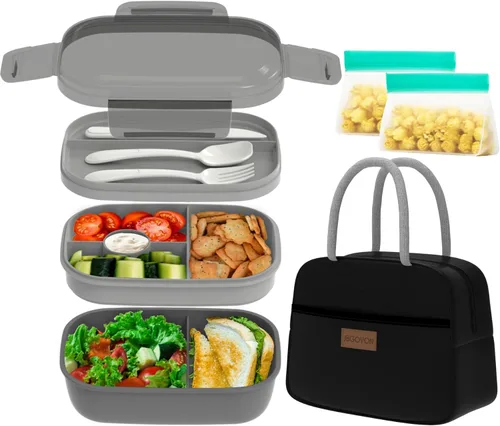 JBGOYON® Juego de lonchera Bento, 3 recipientes apilables para adultos y niños, incluye bolsa de almuerzo, a prueba de fugas y sin BPA, juego de