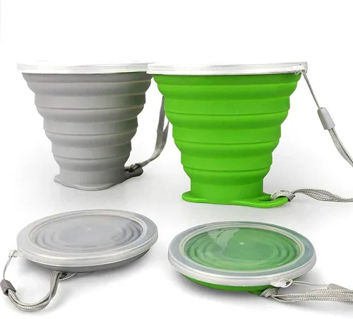 JBER Taza de viaje plegable de silicona, taza de camping plegable de silicona con tapas, taza de bebida expandible para senderismo al aire libre y