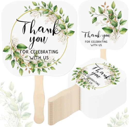 Tradder 50 abanicos de papel de mano de boda a granel con mango de madera para invitados, regalos de despedida de soltera, hojas verdes, gracias por