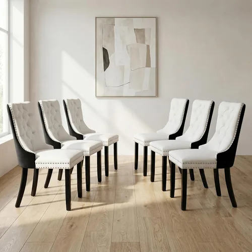 Miniatura 84 de OVENTA Juego de 4 sillas de comedor modernas tapizadas copetudas, terciopelo negro y gris y cuero con patas de madera maciza, sillas de cocina