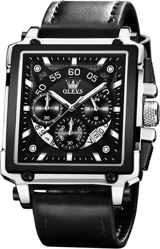 OLEVS Relojes cuadrados para hombre, cronógrafo de cuero marrón, reloj de negocios de moda, luminoso, impermeable, relojes de pulsera casuales