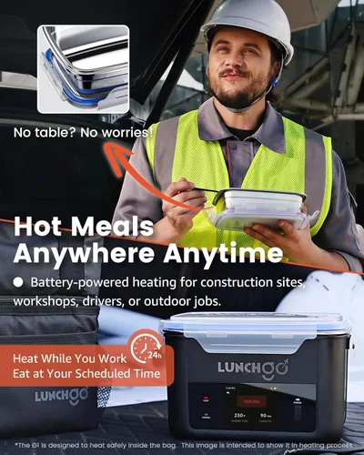 Miniatura 3 de LUNCHGO® G1 Fiambrera eléctrica inalámbrica con calefacción, con pilas, capacidad de 5 tazas, máximo de 250 °F, calefacción programada, calentador