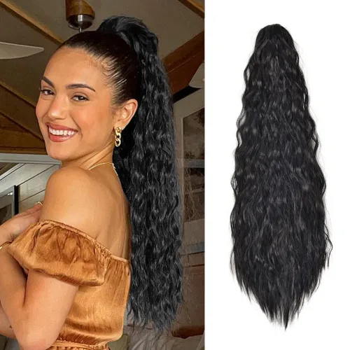 Miniatura 14 de YEAME Extensión de cola de caballo ondulada con clip de garra, cola de caballo de 22 pulgadas, pelo sintético castaño mezclado con rubio, cola