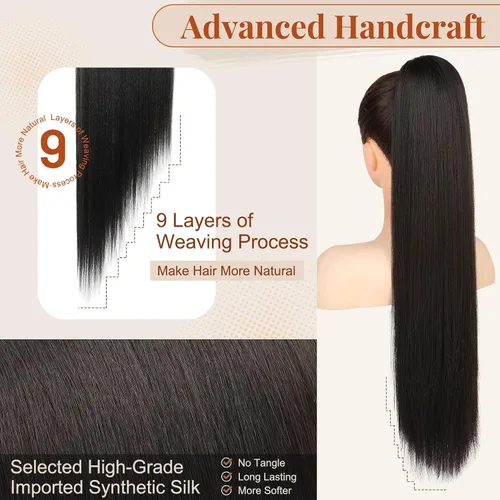Miniatura 4 de Flufymooz - Extensión de cola de caballo de 26 pulgadas, extensiones de cabello con cordón y clip rectas, cola de caballo falsa natural suave