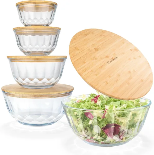 Miniatura 9 de Juego de 5 cuencos apilables grandes de vidrio anidables con tapas de bambú para preparación de alimentos, almacenamiento, horneado, mezcla de masa