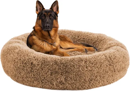 Miniatura 7 de Camas calmantes para perros grandes, cama para perros acolchonada de dona de piel sintética, almohada redonda y esponjosa, cama lavable para Marrón
