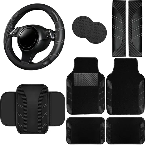 Miniatura 17 de NBTEPEM Juego de 6 accesorios de automóvil beige, funda de cuero deportivo para volante de 14.5 a 15 pulgadas, universal, funda de cuero