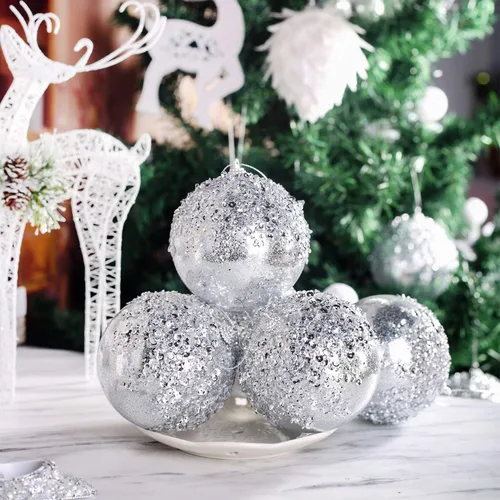 Miniatura 3 de Adornos de bola de Navidad colgantes de 4 piezas en plata, decoraciones de bolas de Navidad irrompibles para árboles, decoraciones para bodas