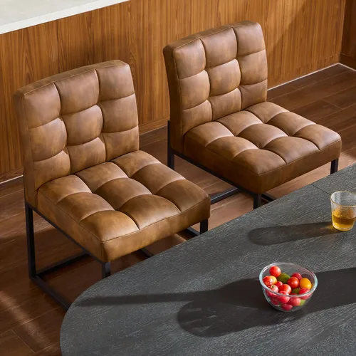 Miniatura 5 de GrandNoor Juego de 4 sillas de comedor de piel sintética color café, sillas de comedor modernas de mediados de siglo sin reposabrazos, silla