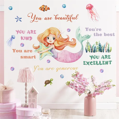 WAFT YEARN Vinilo extraíble con diseño de sirenas y medusas subacuáticas de animales del océano, decoración de pared para guardería, escuela, aula,