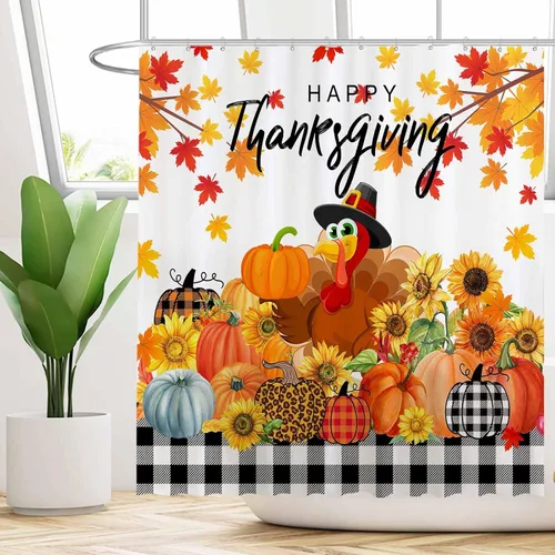 Miniatura 2 de Funnytree Cortina de ducha de 72 x 72 pulgadas para el día de Acción de Gracias, pavo y granja, a cuadros, calabaza, otoño, cosecha, para decoración