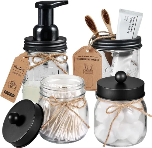 Miniatura 9 de Amolliar Mason Jar - Juego de accesorios de baño (4 unidades), dispensador de jabón espumoso y soporte para cepillo de dientes, decoración rústica