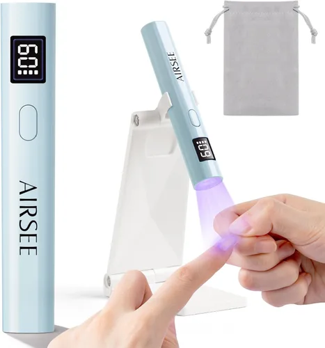 AIRSEE Mini luz UV de mano con bolsa de almacenamiento y soporte, lámparas de uñas inalámbricas y portátiles, 2 temporizadores y pantalla LCD para