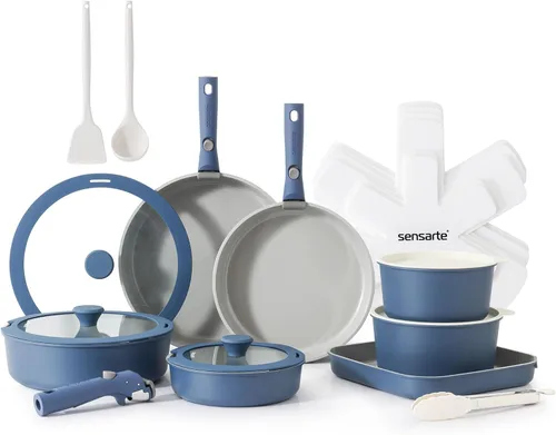 SENSARTE Juego de 24 piezas de ollas y sartenes de cerámica, antiadherentes con mango desmontable, utensilios de cocina de inducción con mango Azul