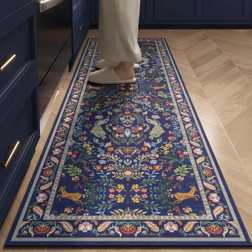 Rugcomf Alfombra de pasillo lavable para cocina 2'6''x8' Alfombra de pasillo para entrada interior floral antideslizante alfombra suave para Azul