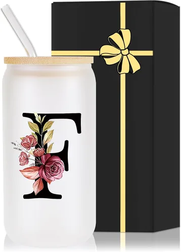 Miniatura 22 de Vaso de vidrio con monograma con tapa de bambú, popote personalizado, vaso de café helado de 16 onzas, tarro transparente de masón, cerveza, agua