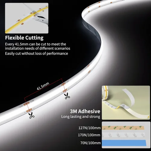 Miniatura 5 de PAUTIX Tira LED COB de 24 pies/24.6 ft, tira de luces LED blancas Dailylight de 6000 K, cinta LED súper brillante regulable, luces LED DC24V