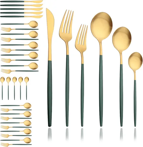 Miniatura 22 de JASHII Juego de cubiertos mate de 36 piezas con mango plano acabado satinado negro acero inoxidable cubiertos servicio para 6 para cocina casera