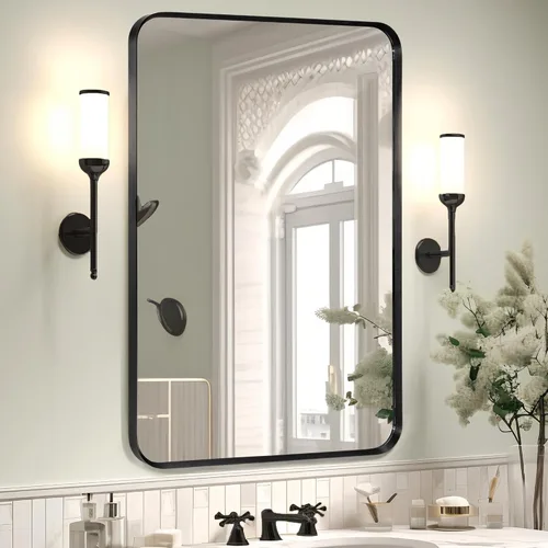 Miniatura 19 de Espejo de montaje en pared para baño, espejo rectangular de tocador rectangular con marco de metal negro cepillado (16 x 20 pulgadas, negro)
