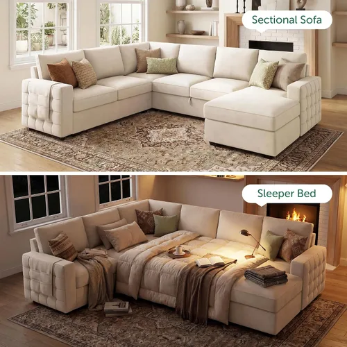 Miniatura 3 de HONBAY Sofá seccional con cama extraíble, sofá cama seccional con almacenamiento, sofás en forma de U para sala de estar, terciopelo beige