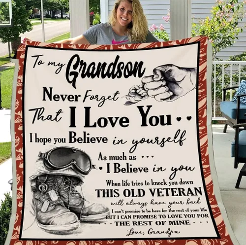 Manta personalizada con texto en inglés «To My Grandson» de parte del abuelo veterano – Regalos de veterano para nieto – Manta para abuelo y nieto –