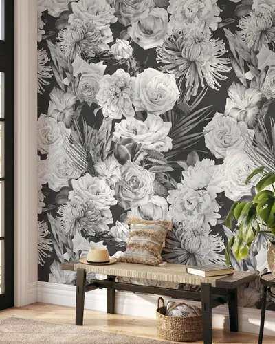 Miniatura 2 de Papel pintado de rosas blancas y negras, papel tapiz de acuarela autoadhesivo extraíble, papel tapiz floral para despegar y pegar