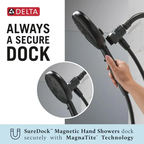 Miniatura 4 de Delta Faucet Cabezal de Ducha Magnético SureDock de 6 Pulverizadores con Rociador de Mano, Cabezal de Ducha Negro con Manguera, Cabezales de Ducha
