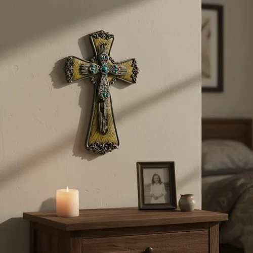 Miniatura 6 de Comfy Hour Cruz de pared decorativa de diamante azul de 12 pulgadas, rollo victoriano adornado con detalles turquesa, placa religiosa de madera