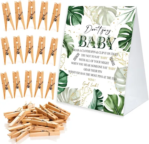 Miniatura 12 de Juego de pinzas para la ropa de baby shower, un cartel de papel recubierto de 5 x 7 pulgadas y 50 pinzas naturales para la ropa, baby shower