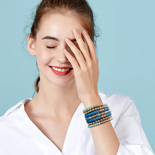 Miniatura 4 de Pulseras de cuentas de arcilla estilo heishi surfista para mujer, con discos de vinilo y dije de mal de ojo, apilables, pulseras elásticas