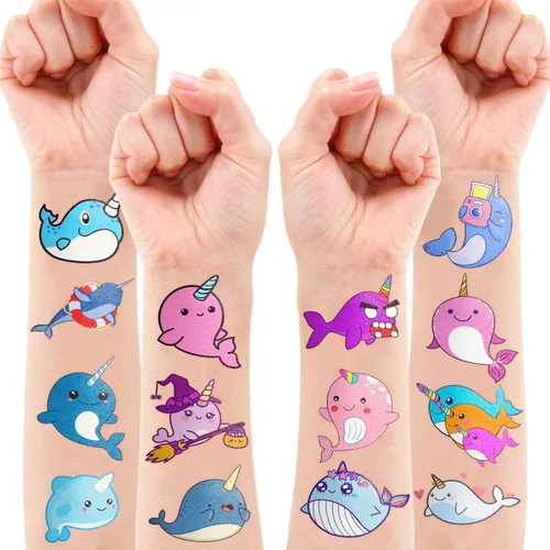 Miniatura 7 de 96 tatuajes temporales precortados de narval – Suministros de fiesta de cumpleaños con temática de ballena, lindas calcomanías para niños, recuerdos