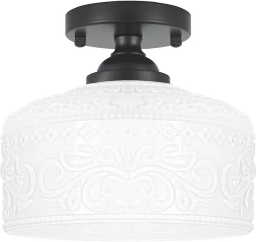 Daunton Artistic - Lámpara de techo semiempotrada hecha a mano, color negro, pantalla de vidrio blanco vintage de 9.45 pulgadas con patrones