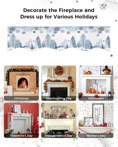 Miniatura 7 de Mantel con diseño de copo de nieve azul para chimenea de Navidad, bufanda para repisa, estola para estantes, renos, alces, nieve, bosque, cubierta