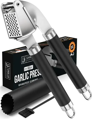 Orblue - Prensa de ajo de acero inoxidable - Juego de picadora, trituradora y pelador de grado profesional premium - Fácil de limpiar, apto para