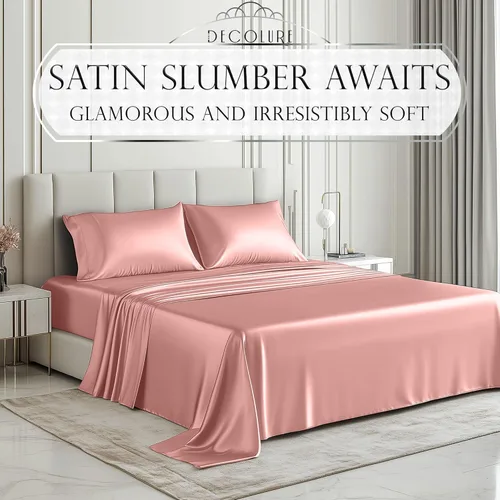 Miniatura 26 de DECOLURE Sábanas de satén – Juego de ropa de cama de lujo sedoso tamaño matrimonial de 6 piezas, más suave que la seda, sin arrugas con sábana